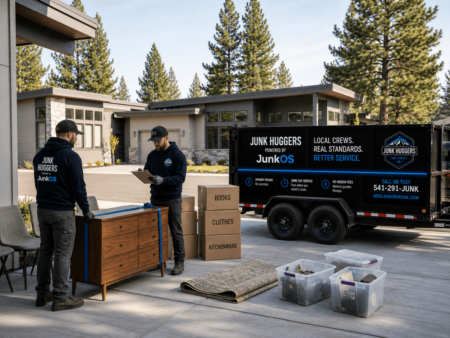 Junk Huggers donation pickup with boxes and trailer