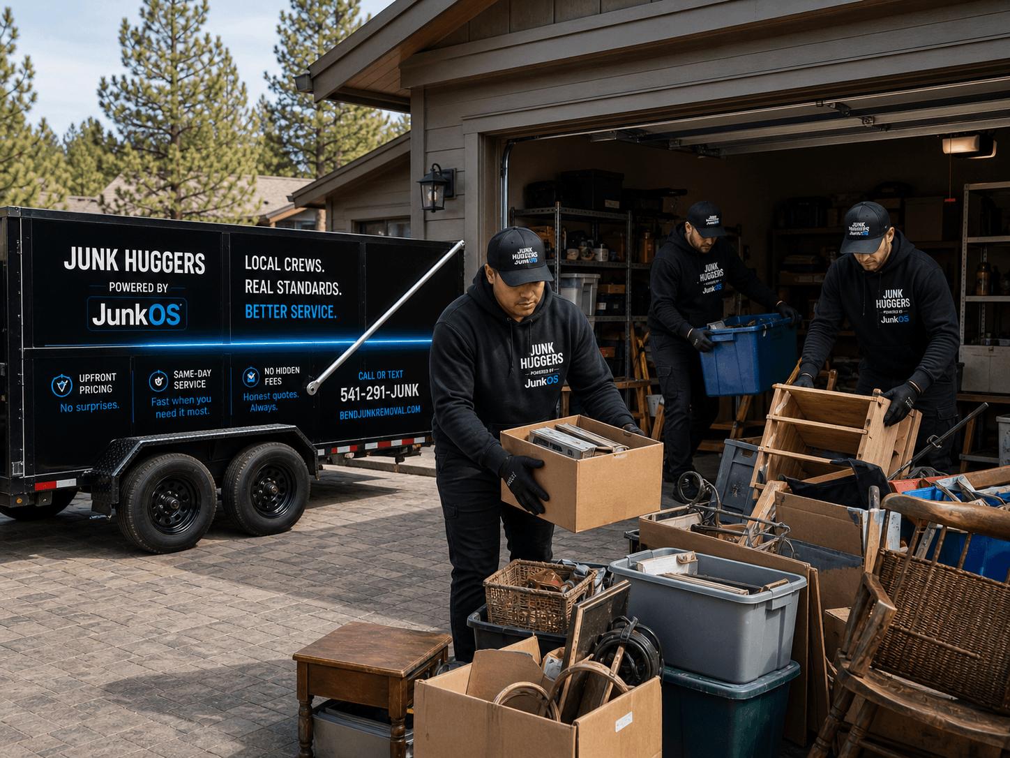 Junk Huggers crew loading a Bend garage cleanout into truck and trailer
